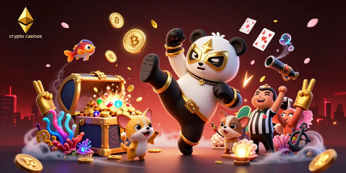 Venez découvrir les crypto casinos, avec un panda lutteur en plein vol et des pièces de Bitcoin et Ethereum autour.