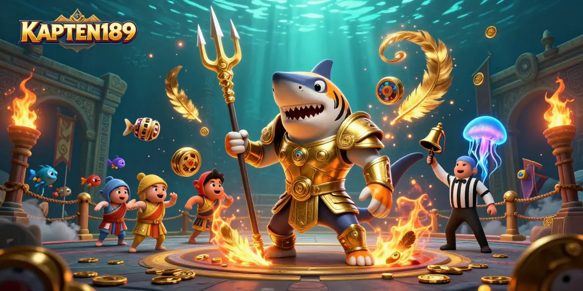 KAPTEN189 mainkan slot online terbaru dengan aksi seru di arena bawah laut, dikelilingi simbol kemenangan dan suasana meriah.