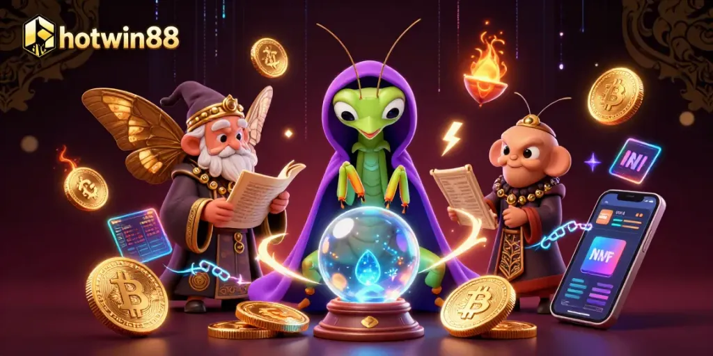 Engage with the mystical hotwin88 experience through a vibrant illustration showcasing diverse gambling elements.
