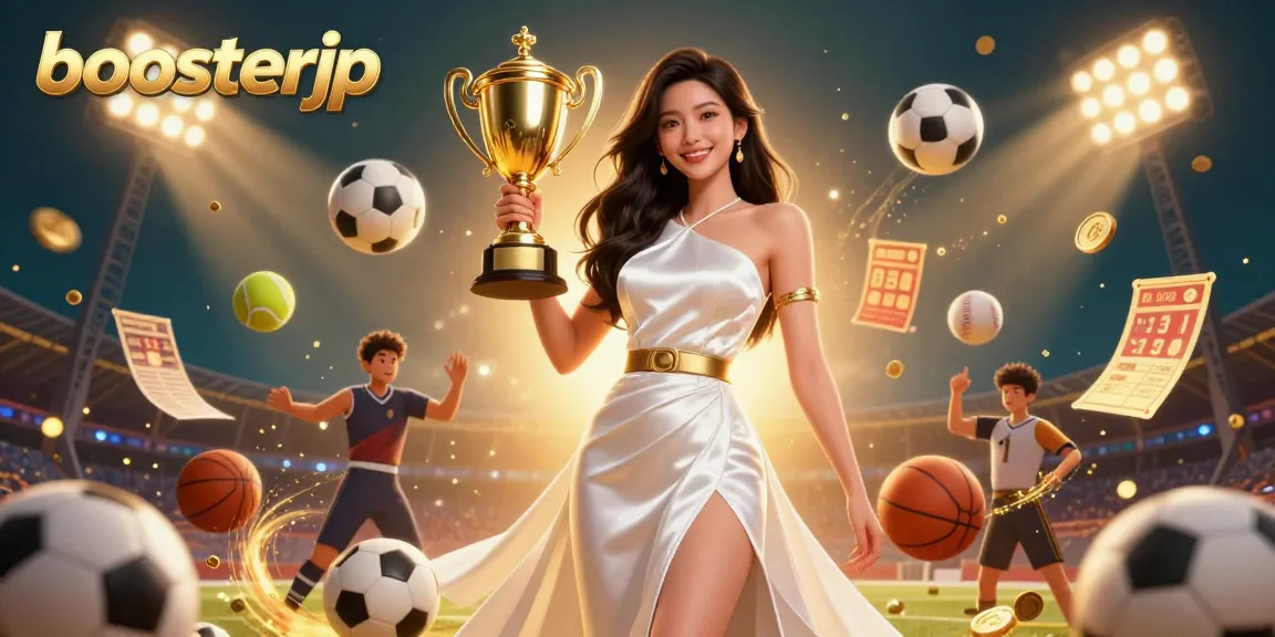 Engage in thrilling gameplay with boosterjp, featuring a victorious Asian woman celebrating in a bustling casino atmosphere.