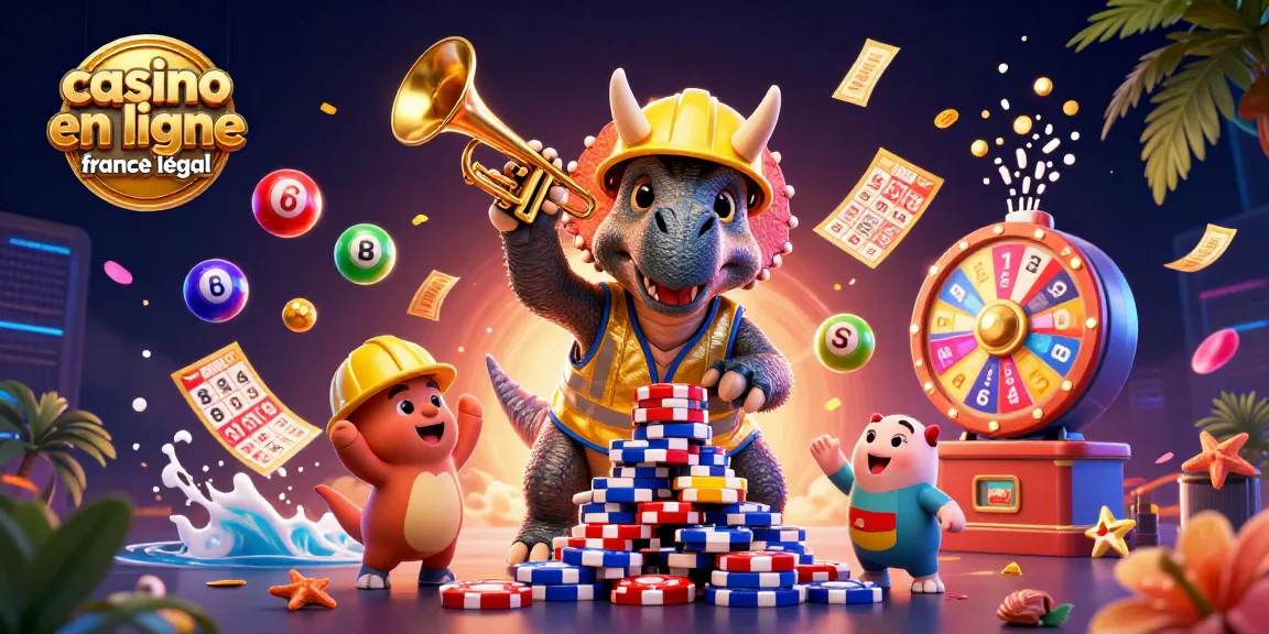 Illustration dynamique présentant "casino en ligne légal en France" avec un triceratops et des éléments de jeu animés.