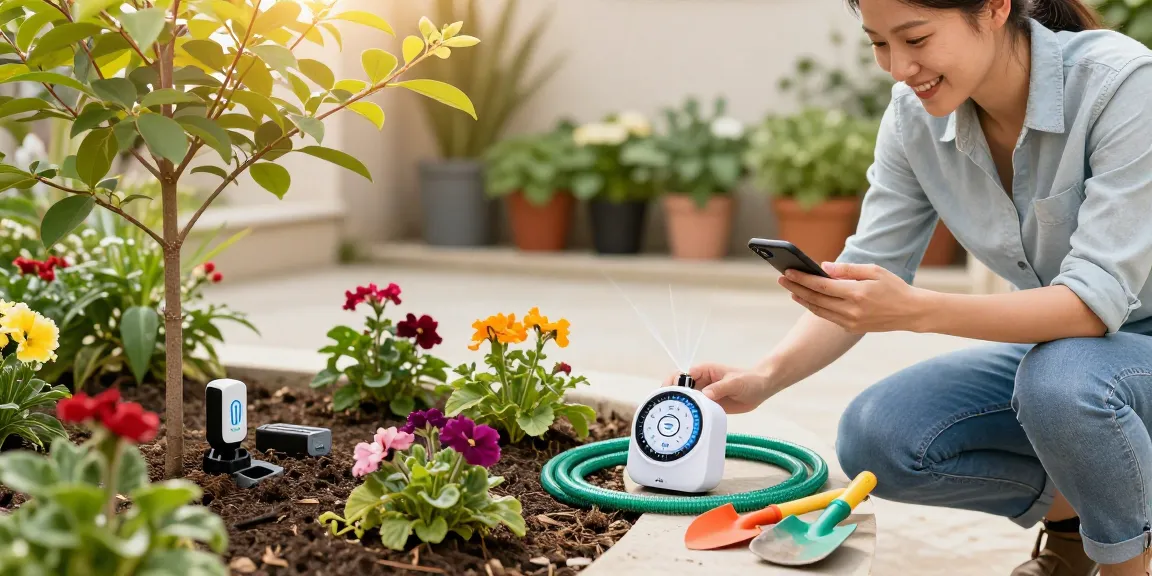 Homeowner using RainPoint automatic watering system in a flourishing garden, demonstrating smart irrigation technology for optimal plant care.