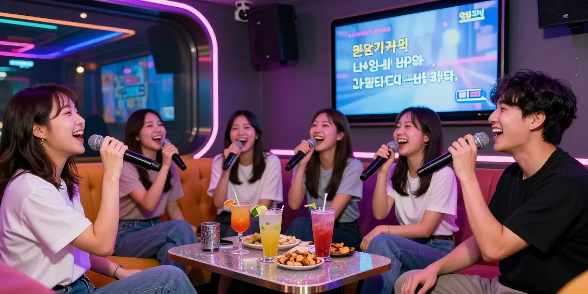 Group of friends enjoying a night out at 강남노래방, singing with colorful neon lights and lively atmosphere.