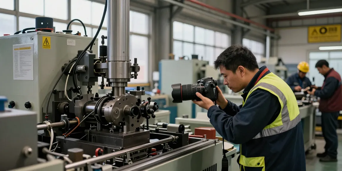 Photographe industriel capturant des machines complexes pendant un processus de production.