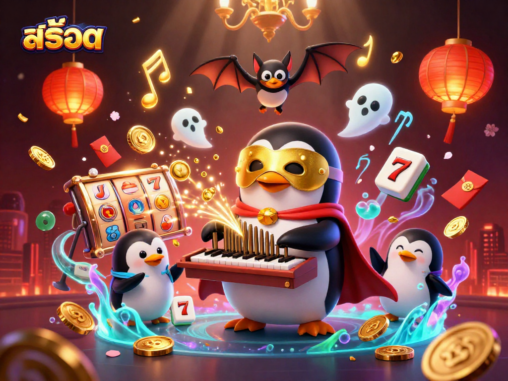 Experience สล็อต excitement with a penguin playing a golden organ amid dazzling casino elements.