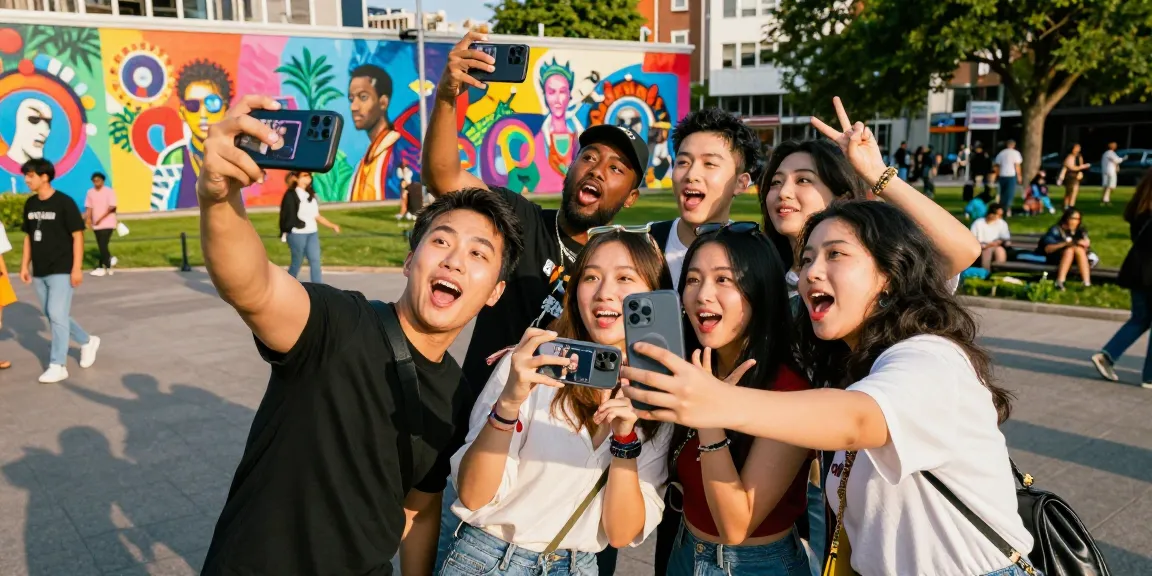 Friends discovering who they look like celebrities using an app in an urban park.