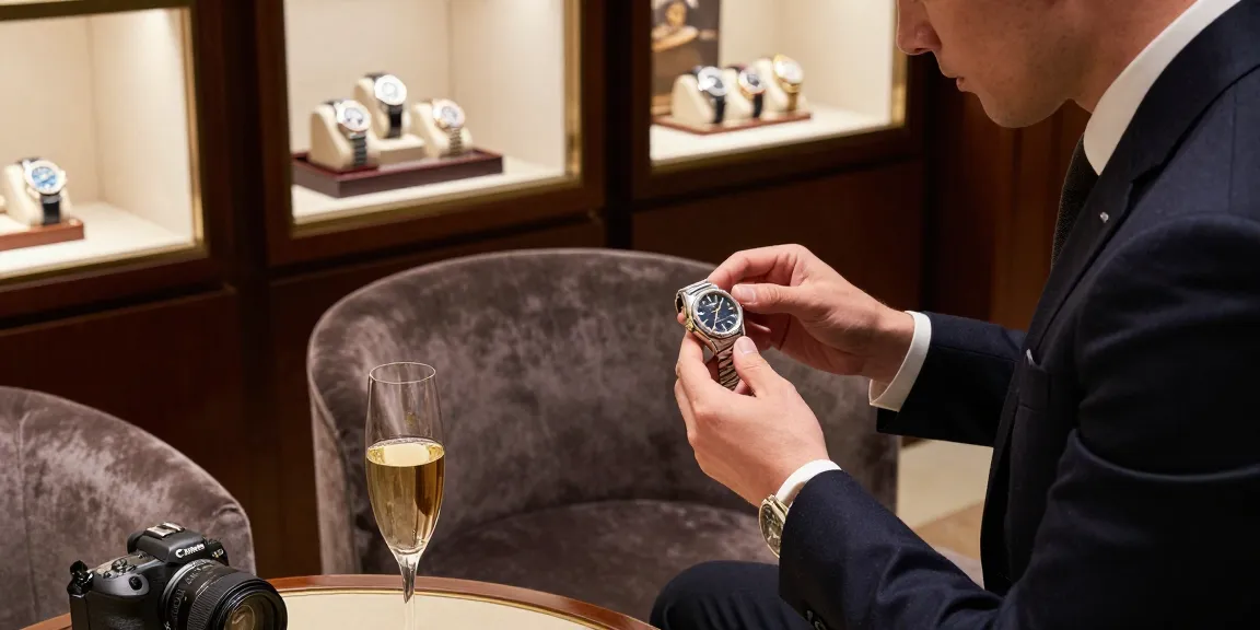 Admiring luxurious replica watches in a stylish boutique setting