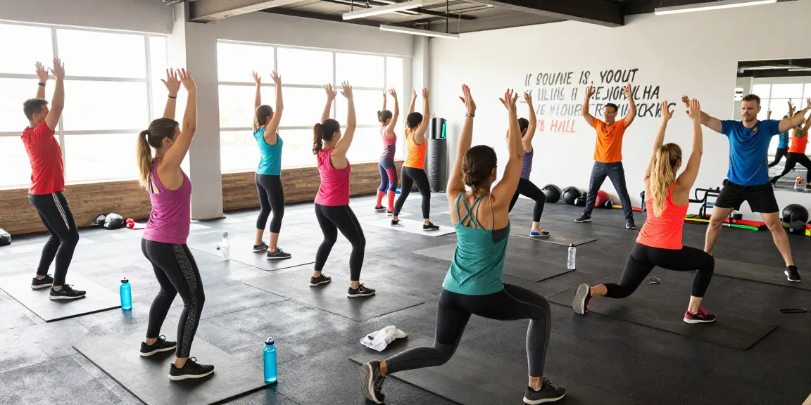 Beligas Shop fitness community engaging in vibrant group workout, showcasing diverse participants and energizing atmosphere.