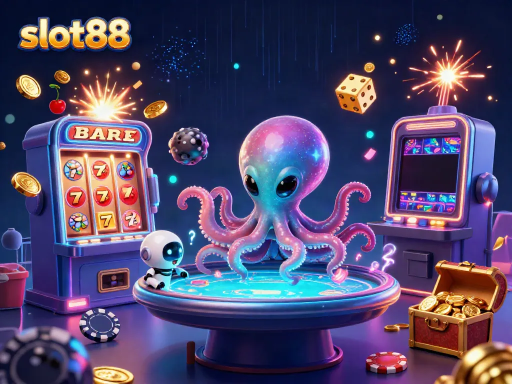 Engage in thrilling slot88 adventures with an alien octopus and a tiny robot in a vibrant casino scene.