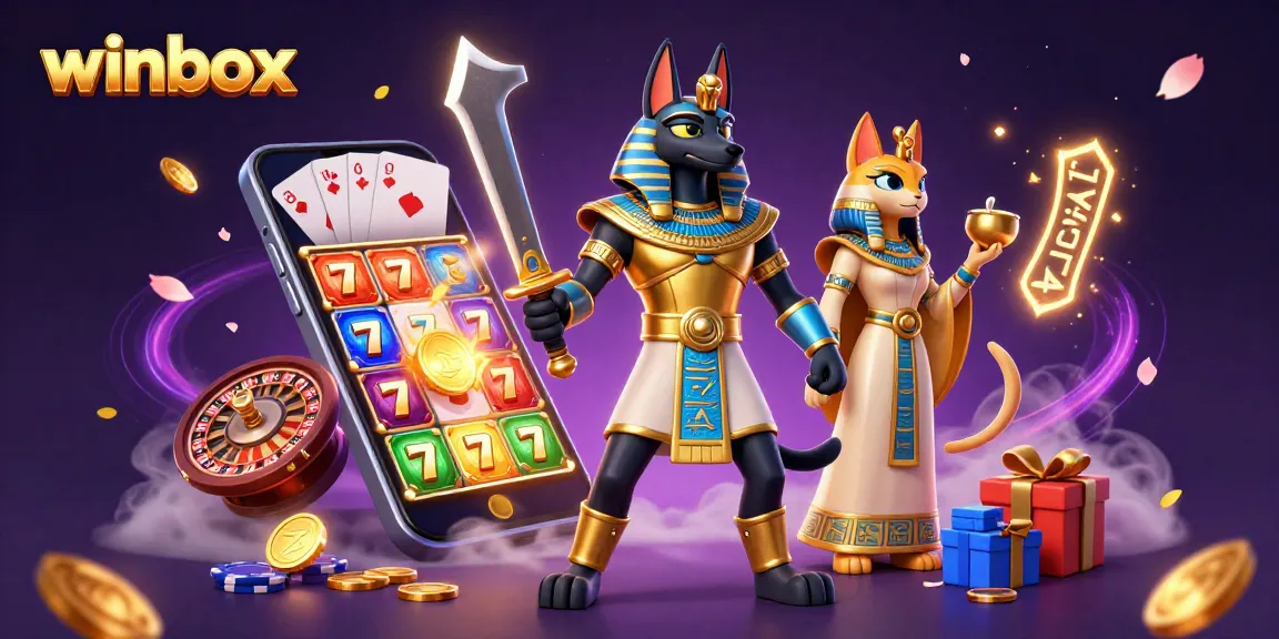 Experience the thrill of winbox gaming with Anubis and Bastet surrounded by dynamic slots action.