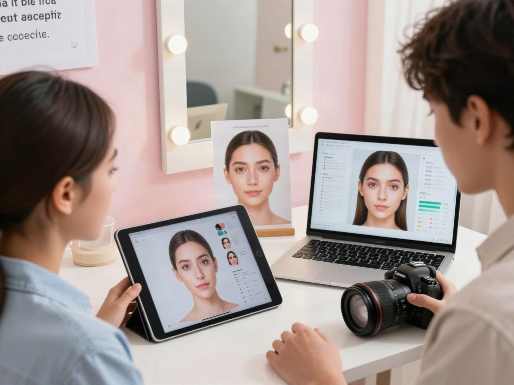 Taking a digital attractiveness test, showcasing facial features and beauty scores in a bright workspace.