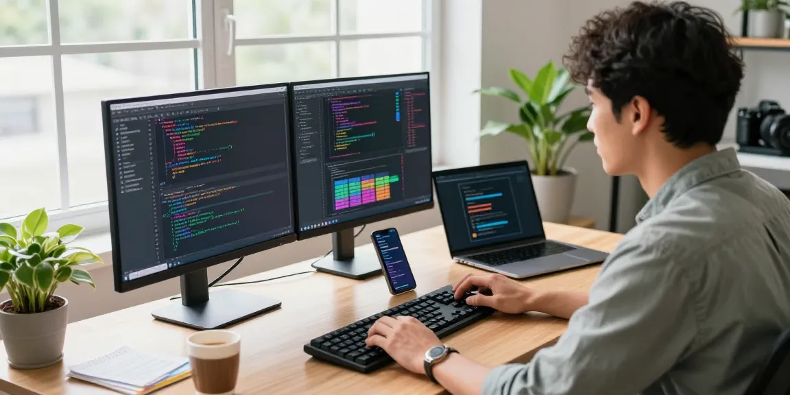 Developer coding on dual monitors in a modern workspace showcasing the paper airplane app 纸飞机中文版.