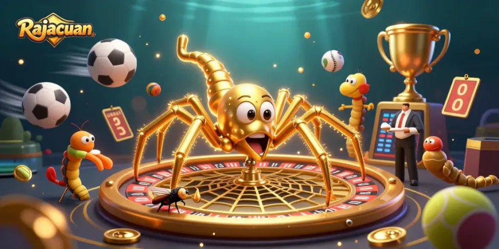 Experience thrilling gaming at Rajacuan with colorful casino elements and vibrant characters in action.