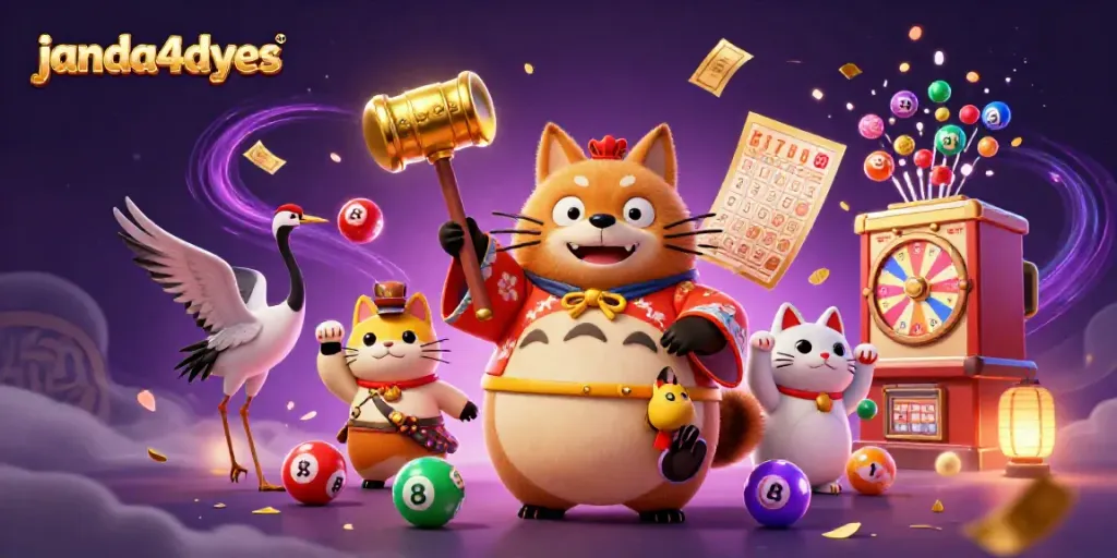 Janda4dyes menyajikan ilustrasi 3D yang ceria dengan tanuki, bola lotere, dan elemen judi menarik.