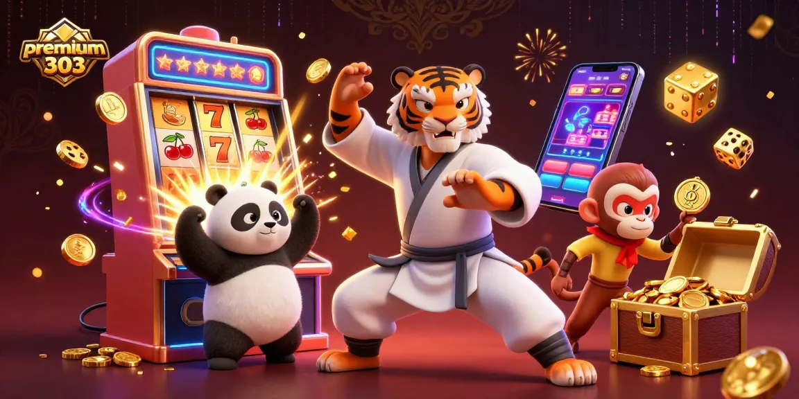 Win with premium303 at the exciting jackpot, highlighting a kung fu tiger surrounded by vibrant casino elements.
