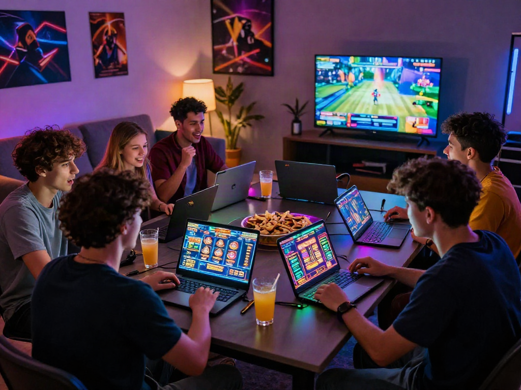 Friends engaged in a fun gaming night playing slot88 games, illuminated table with laptops and snacks.