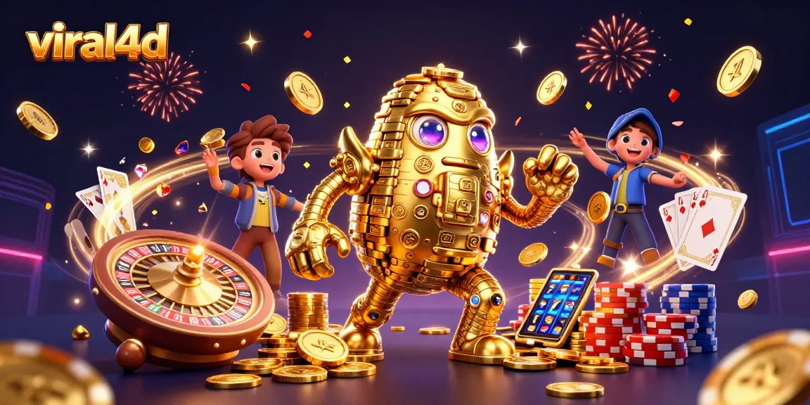 Menggambarkan kemeriahan permainan judi dengan gambar viral4d, kastor emas, simbol slot, dan permainan kasino lainnya.