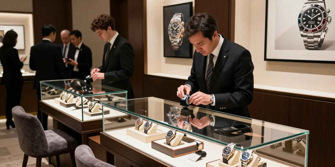 Exploring rolex super clone watches in a luxurious boutique with detailed displays.