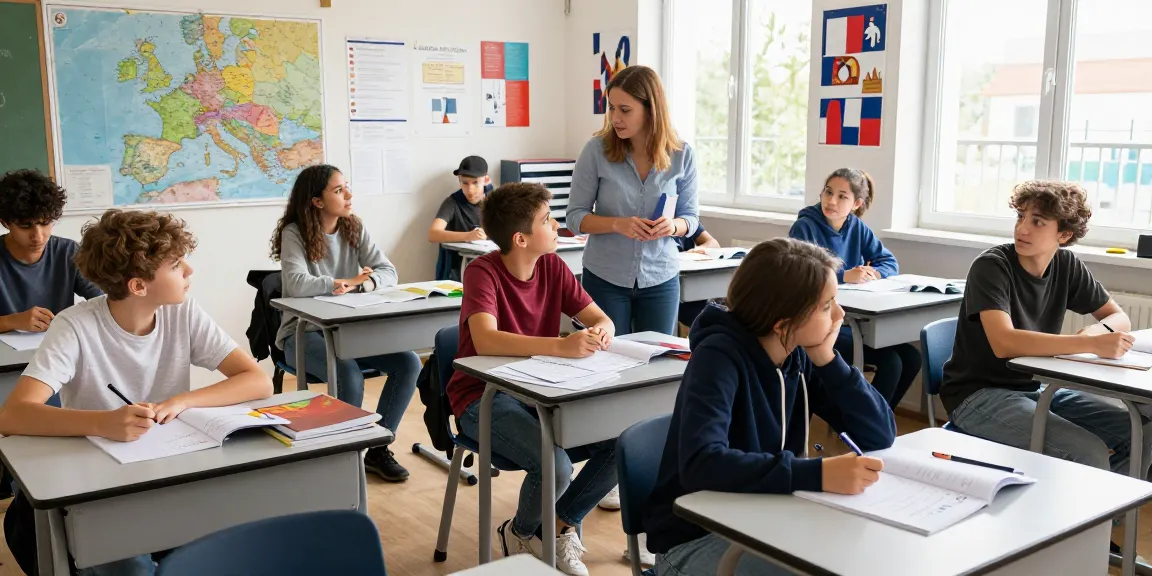 Corsi di francese in Francia presentati in un'aula coinvolgente con studenti diversi che apprendono insieme.