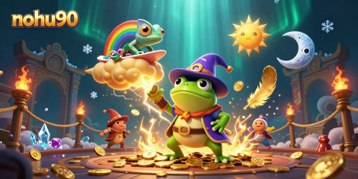 Nohu90 showcases a vibrant casino scene with energetic characters and a storm of winnings.
