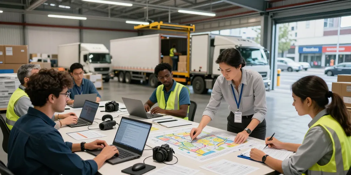 Hilfsgütertransport Dortmund in einem modernen Logistikzentrum mit einem Team von Fachleuten, das zusammenarbeitet.