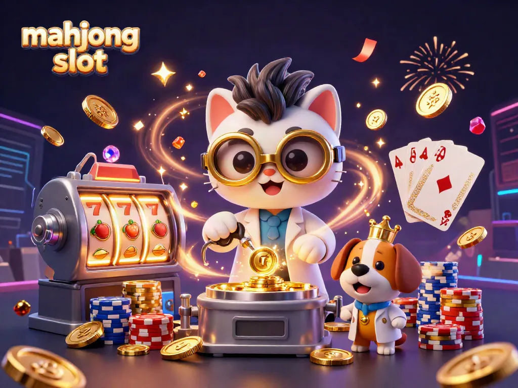 Experience the excitement of mahjong slots with a vibrant 3D casino scene featuring dynamic characters and casino elements.