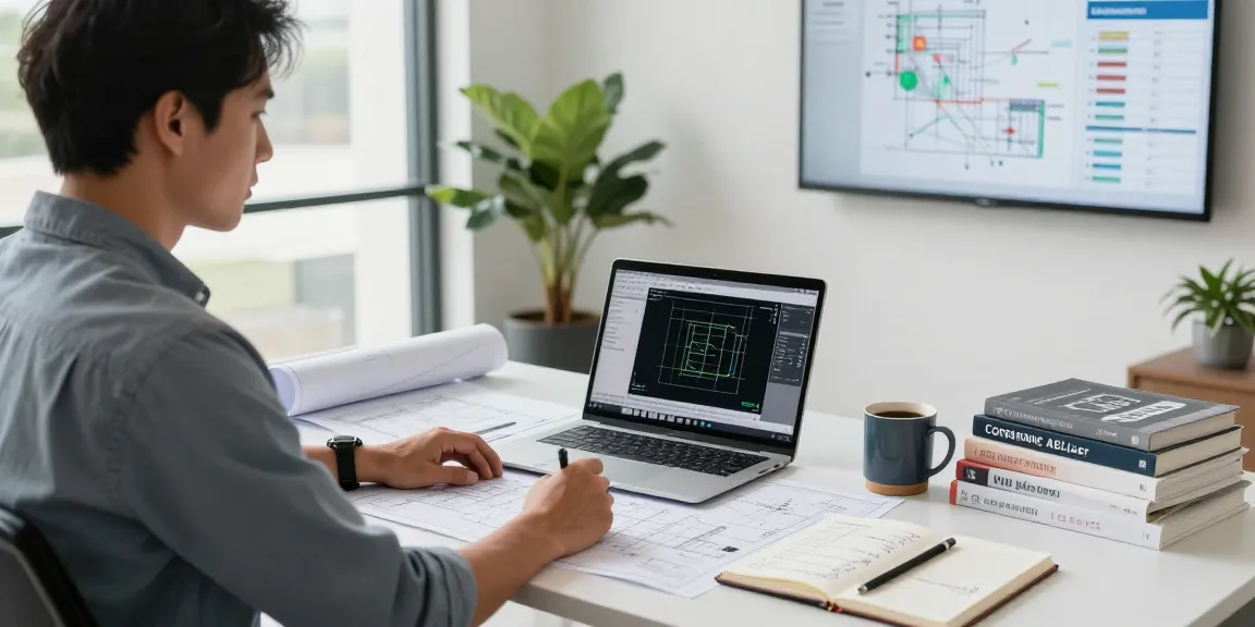 Engineer working on permit engineering Missouri with blueprints and CAD software in a bright office environment.