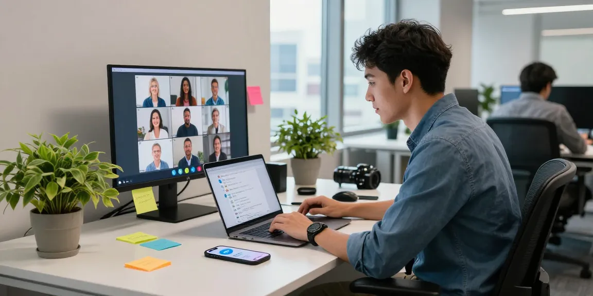 Engaging workspace featuring telegramin-cn.com communication setup with a laptop open to Telegram chats and notifications.
