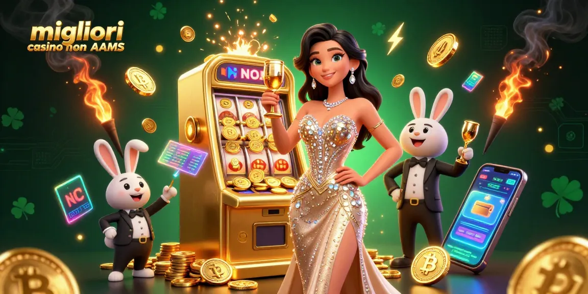 Migliori casino non AAMS scena con una donna scintillante che brinda accanto a una macchina da gioco jackpot.
