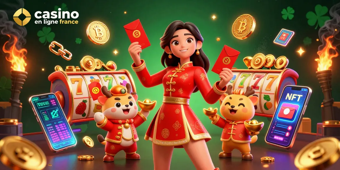 Découvrez l'excitation du casino en ligne France avec des personnages vibrants et des jeux de machines à sous dynamiques dans cette illustration colorée.