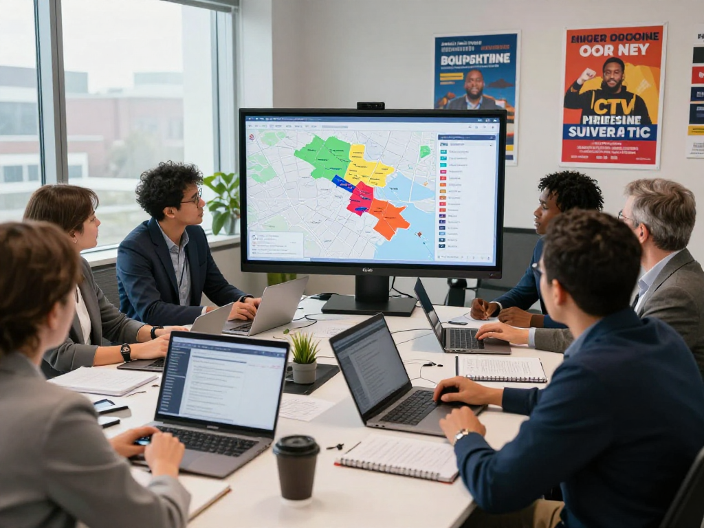 Team strategizing on how to buy CTV ads for a campaign, analyzing voter data in a modern office.