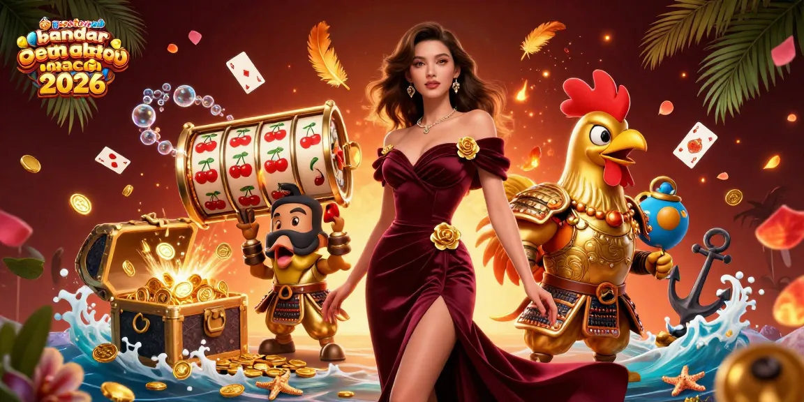 Engage with popotogel bandar slot demo gacor 2026 using vibrant slot elements, a glamorous woman, and a samurai rooster warrior in a rich, dynamic scene.