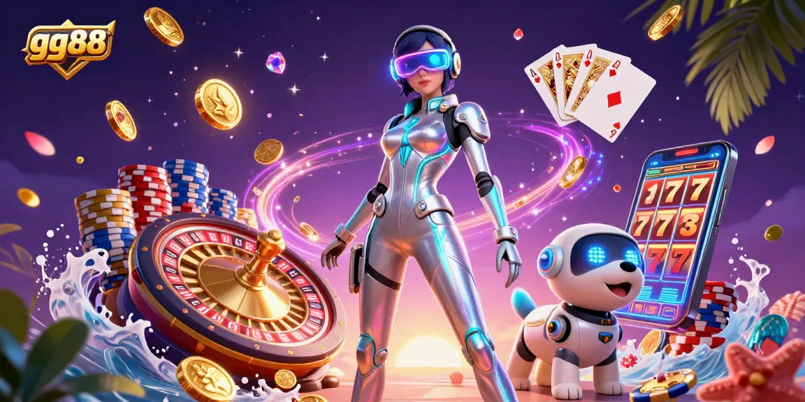 Experience the thrill of winning at gg88 with a vibrant 3D casino scene featuring a futuristic woman, a robot dog, and glowing game elements.