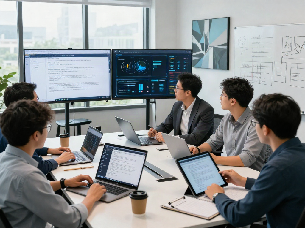 Document fraud detection software in action as cybersecurity team collaborates on AI solutions, showcasing advanced technology.