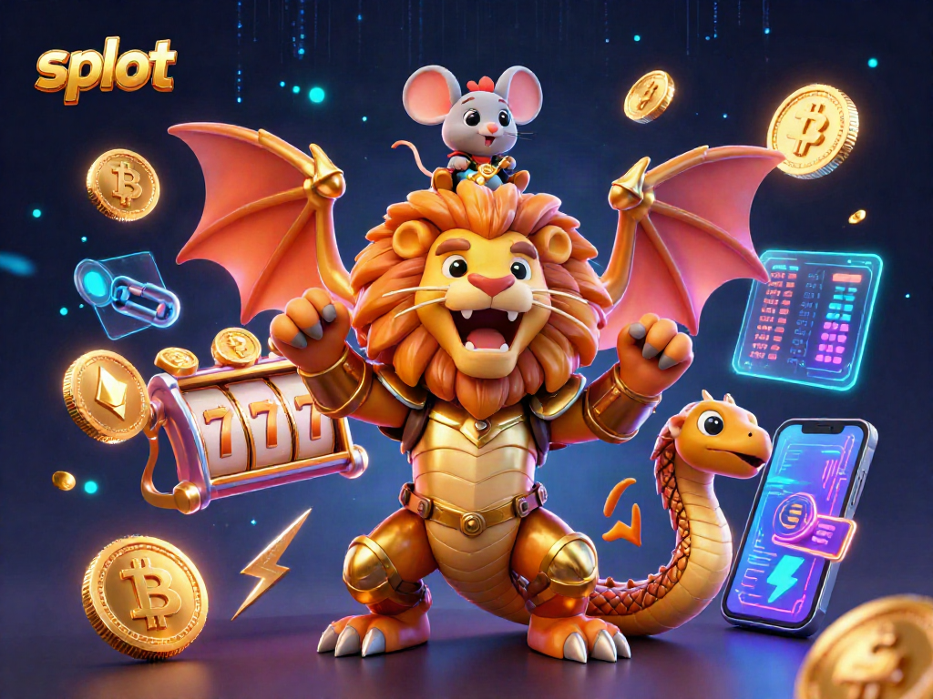 Experience exciting slot gaming with a lion-headed chimera, crypto coins, and jackpot elements in this vibrant scene.