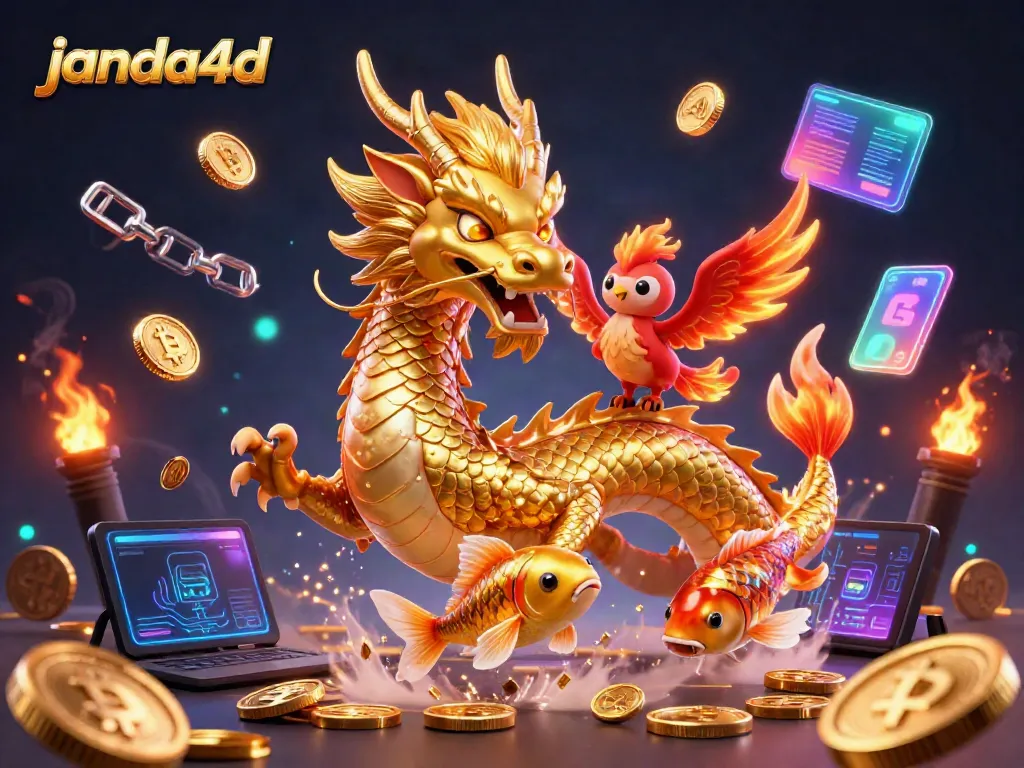 JANDA4D menghadirkan ilustrasi kasino digital yang menarik dengan naga emas dan phoenix, dikelilingi koin kripto.
