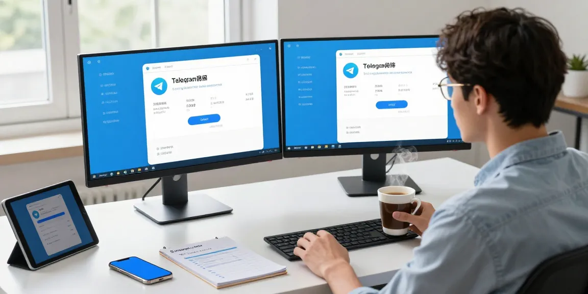 Setting up Telegram Chinese login guide with a professional in a tech-focused workspace, vibrant monitors, and a coffee cup.