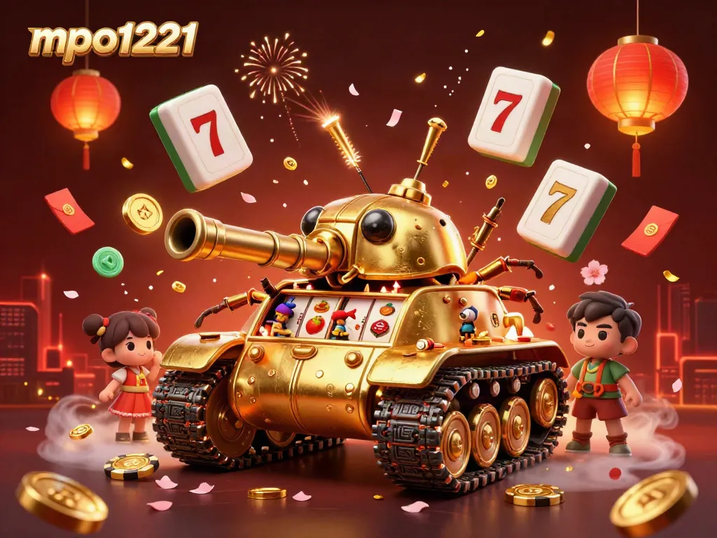 Win big with mpo1221 in this vibrant 3D casino scene featuring golden elements and slot games.