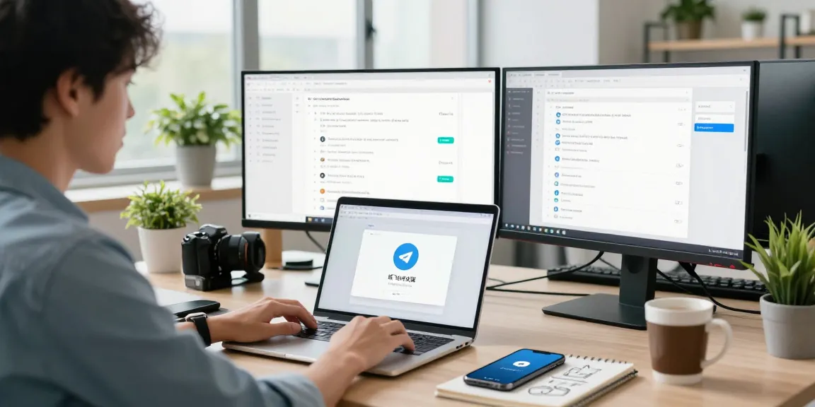 Professional setting showcasing 纸飞机中文版 usage on multiple devices in a modern tech workspace.