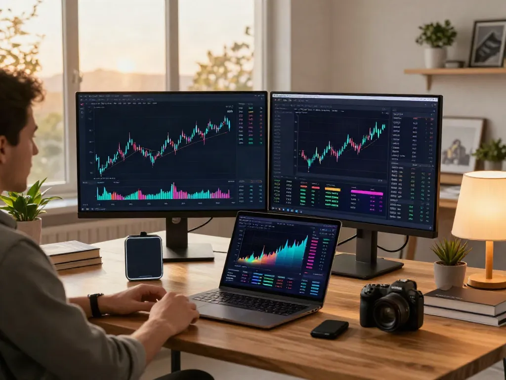 CryptoDenisNFT active trading workspace with cryptocurrency charts, digital wallet, and educational materials in a golden hour setting.