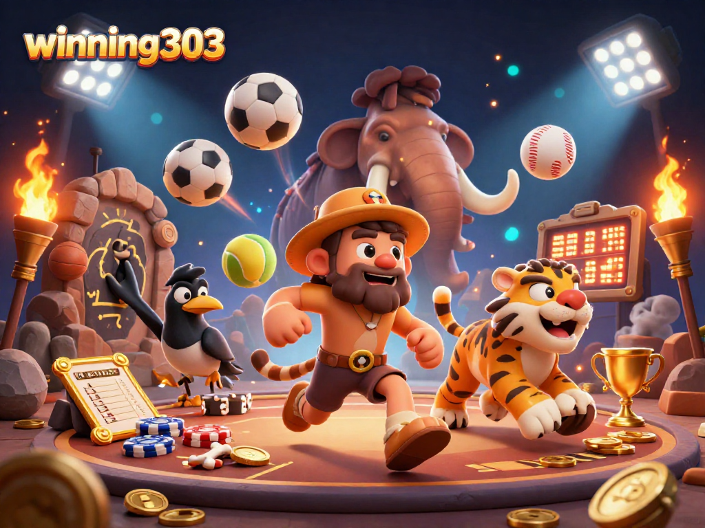 Winning303 showcases a thrilling prehistorical casino scene with animated characters and sports elements.