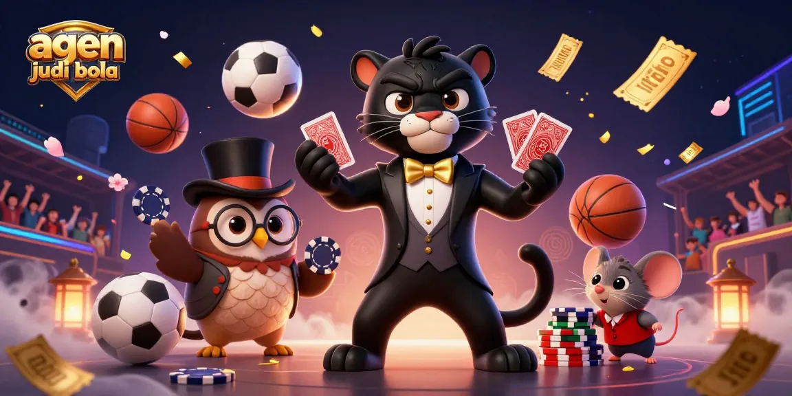 Engage with agen judi bola in this vibrant illustration featuring a stylish panther, owl, and lucky mouse amidst dynamic sports betting elements.