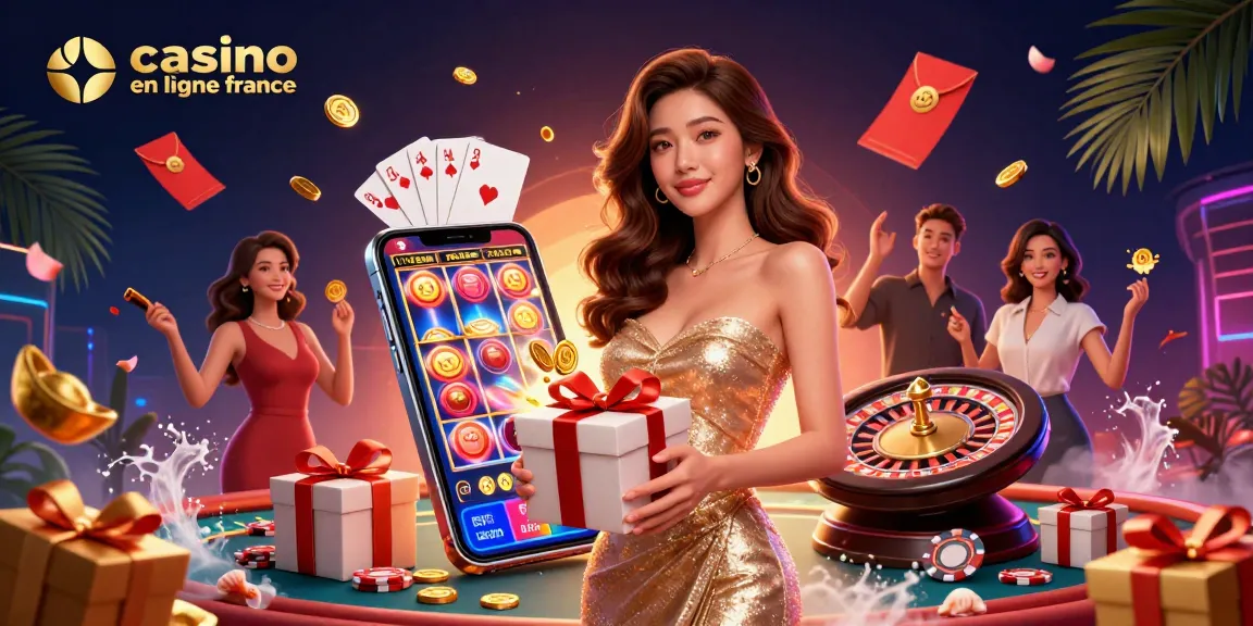 Participez à l'excitation du casino en ligne France avec une illustration vibrante mettant en avant des éléments festifs et des jeux.