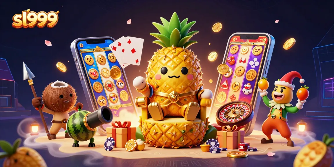 Experience thrilling slot gameplay with sl999 in a vibrant, packed 3D casino scene featuring a pineapple king.