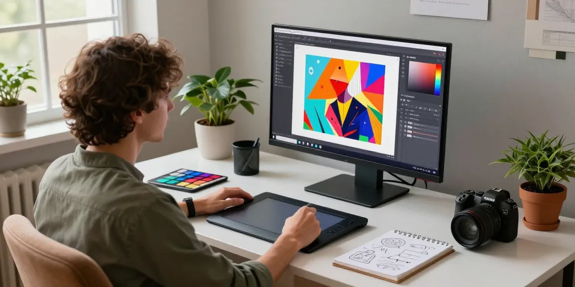 Designer using the nano banana AI image editor in a modern workspace, surrounded by creative tools and vibrant visuals.