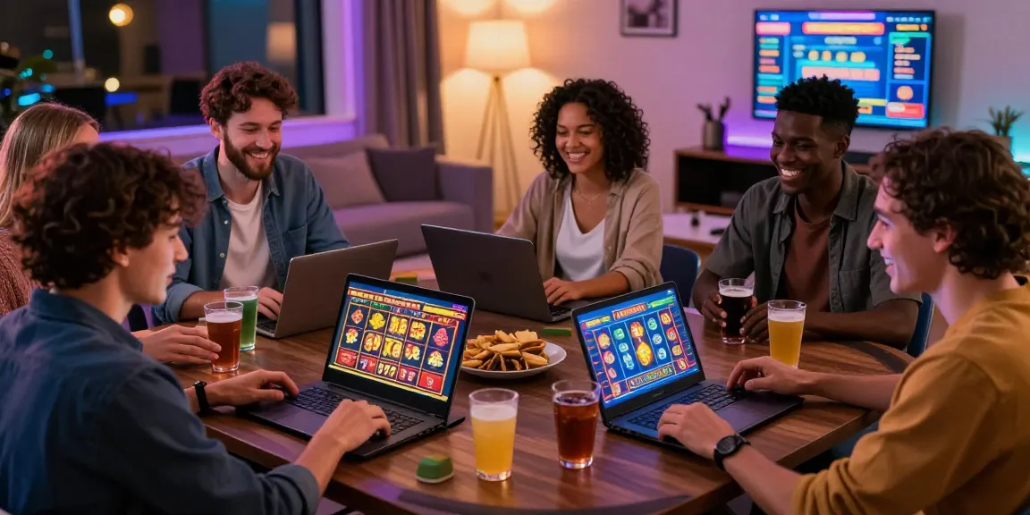 Friends enjoying online casinos Australia on laptops and tablets in a vibrant living room.