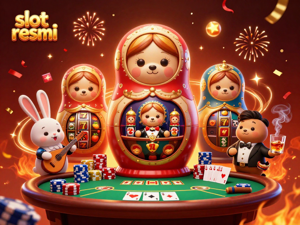 Engage with slot resmi through a vibrant 3D casino scene featuring playful characters and exciting game elements.