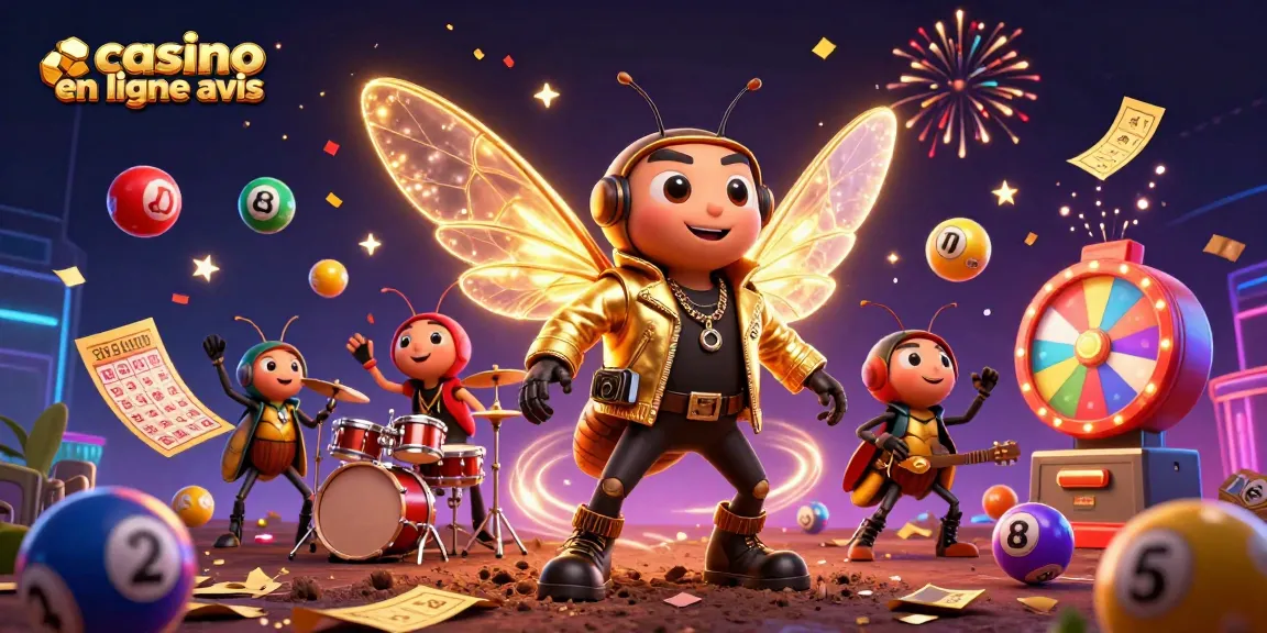 Plongez dans l'univers vibrant du casino en ligne avis avec une scène animée d'un rock star insecte et des éléments de bingo.