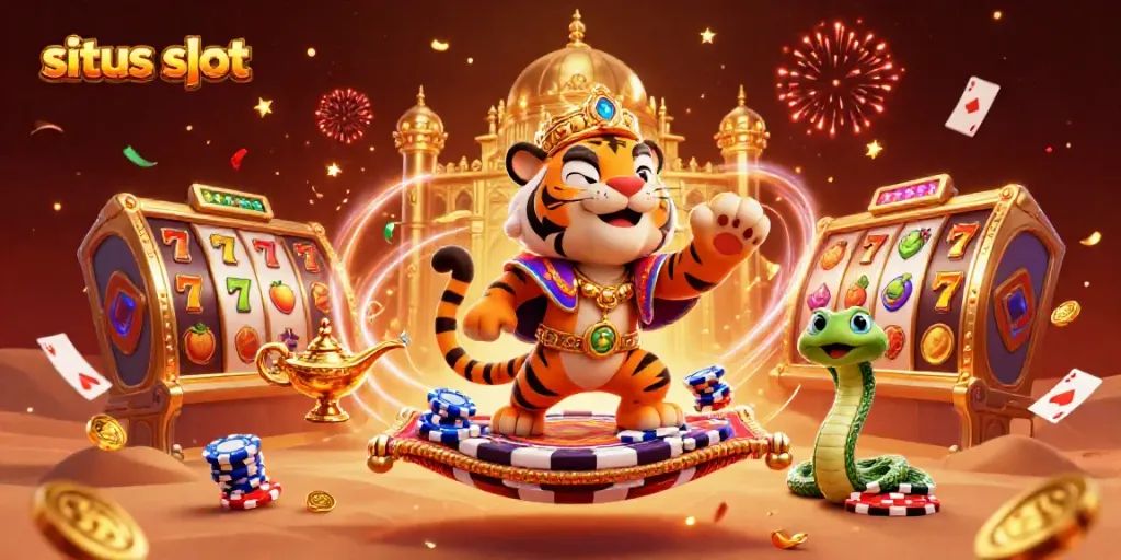 Slinging jackpots on situs slot with an Arabian-themed sultan, flying carpet, and vibrant slot elements.