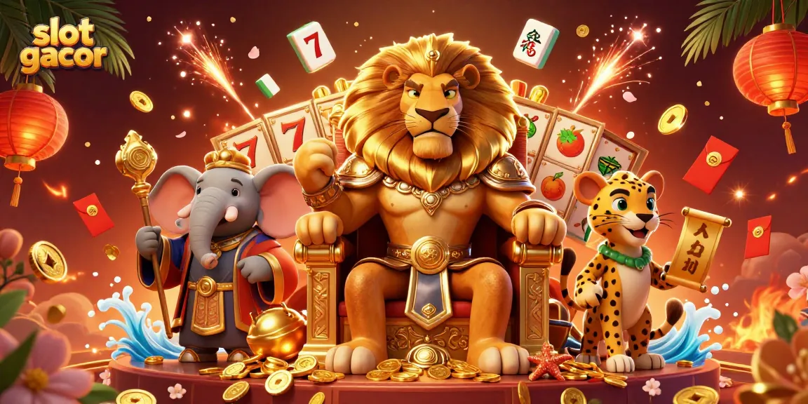 Experience jackpot thrills with slot gacor as a lion king, wise elephant, and swift cheetah in a vibrant casino scene.